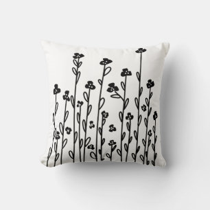Minimalist modern black white doodle floral cushion