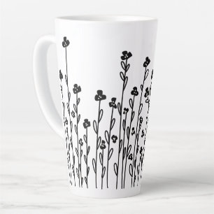 Minimalist modern black white doodle floral latte mug