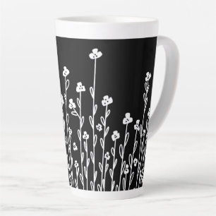 Minimalist modern black white doodle floral latte mug