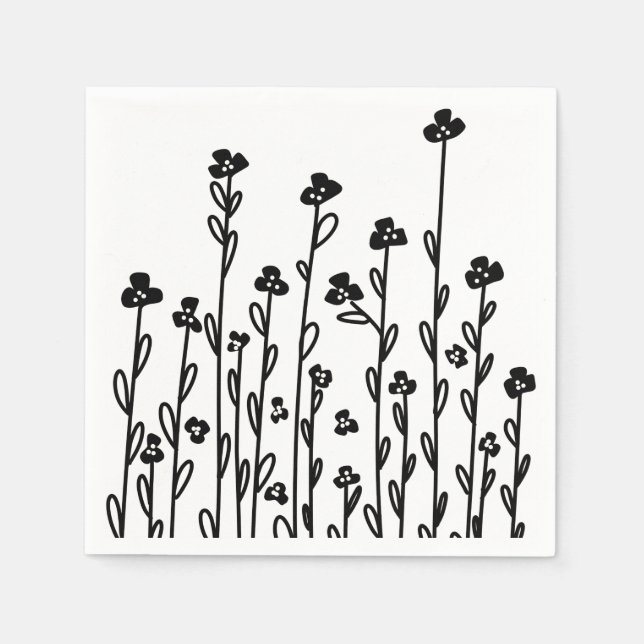 Minimalist modern black white doodle floral napkin (Front)