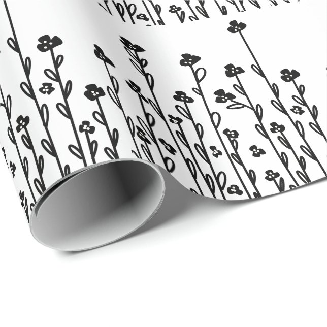 Minimalist modern black white doodle floral wrapping paper (Roll Corner)