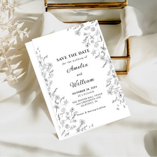 Minimalist Modern Black White Floral Wedding Invitation