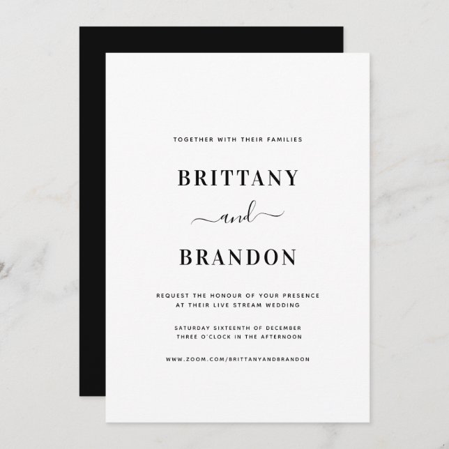 Minimalist Modern Black White Live Stream Wedding Invitation (Front/Back)