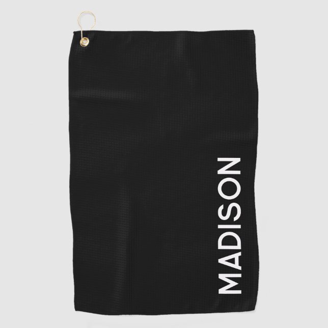 Minimalist Modern Black White Personalised Womens Golf Towel (Front)