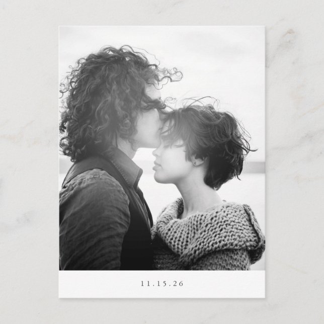 Minimalist Modern Black White Photo Save the Date Postcard (Front)