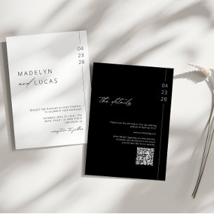 Minimalist Modern Black   White QR Code Wedding In Invitation