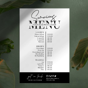 Minimalist Modern Black White Salon Services Menu Poster