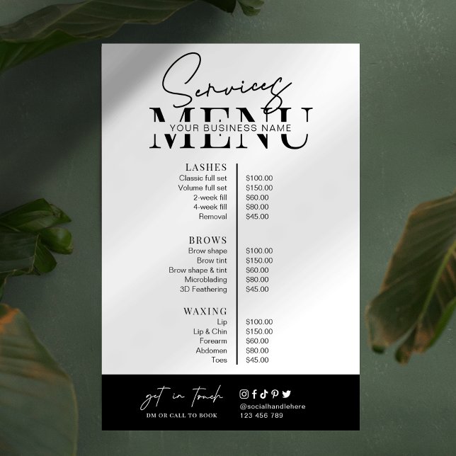 Minimalist Modern Black White Salon Services Menu Poster (Modern Services Menu in minimal black & white design with editable text & colors)