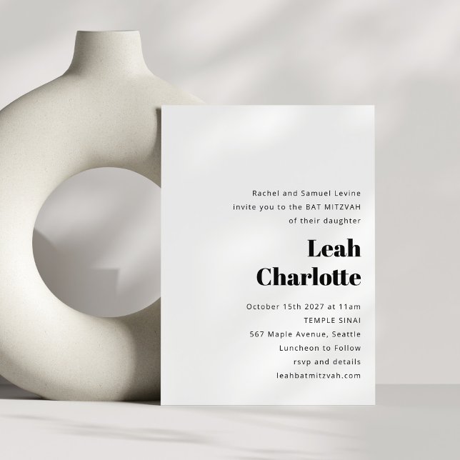 Minimalist Modern Black White Simple Bat Mitzvah Invitation (Creator Uploaded)