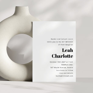 Minimalist Modern Black White Simple Bat Mitzvah Invitation