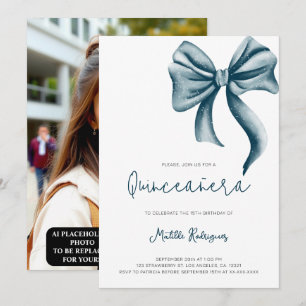 Minimalist Modern Blue Bow Girly Photo Quinceanera Invitation
