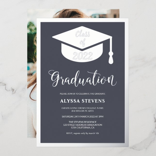 Minimalist modern blue silver graduation photo (Front/Back)