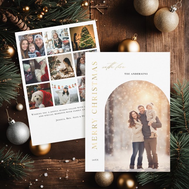 Minimalist Modern Boho Arch Photo Christmas Family Holiday Card (family christmas card photo collage modern minimalist boho arch elegant stylish classy faux gold)