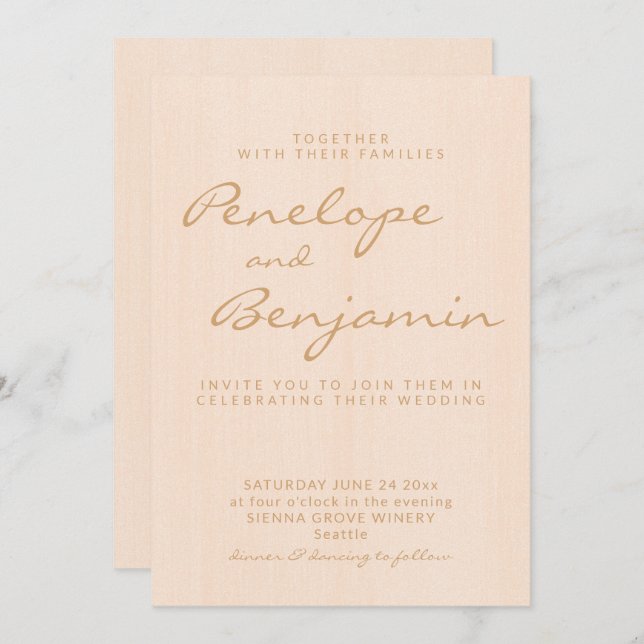 Minimalist Modern Boho Peach Gold Script Wedding Invitation (Front/Back)