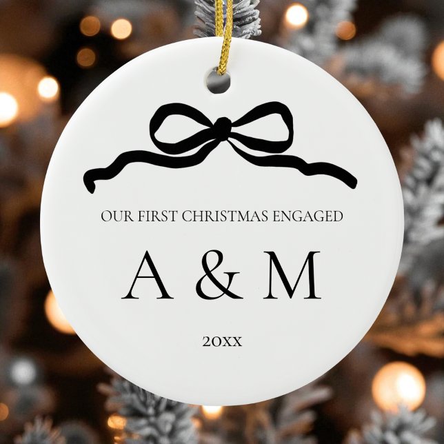 Minimalist Modern Bow First Christmas Engaged Ceramic Ornament (Minimalist Modern Bow Black and White First Christmas Engaged Ceramic Ornament)