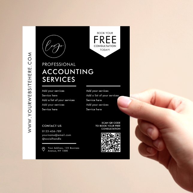 Minimalist Modern Business QR Code Promotional Flyer (Minimalist business services marketing flyer in black and white with your custom logo and text)