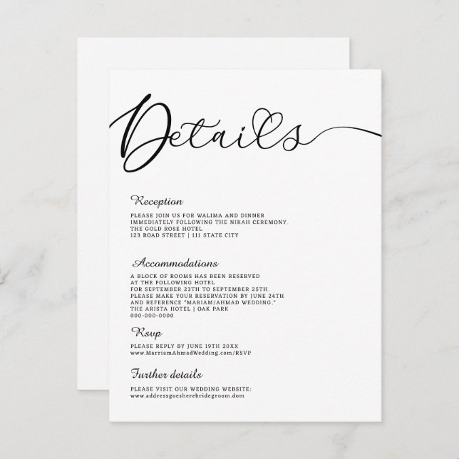 Minimalist Modern Calligraphy Black White Details Invitation (Front/Back)