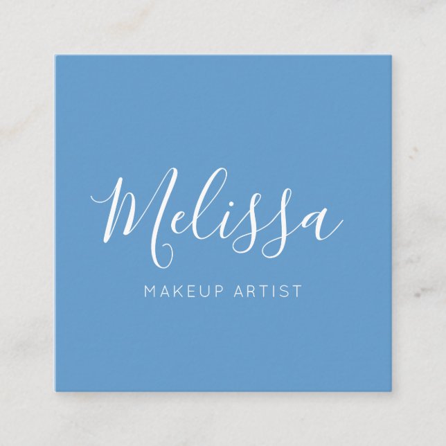 Minimalist Modern Calligraphy Blue Square Business Card (Front)