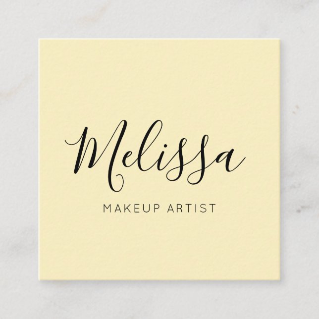 Minimalist Modern Calligraphy Pastel Yellow Square Business Card (Front)