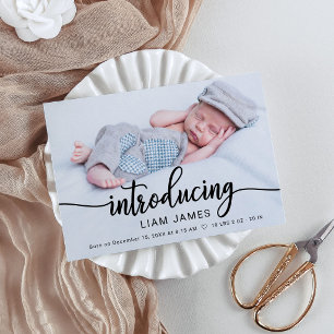 Minimalist Modern Calligraphy Photo Birth Reveal Holiday Card