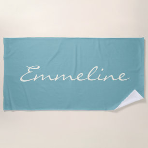 Minimalist Modern Calligraphy Teal Blue Name  Beach Towel
