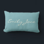 Minimalist Modern Calligraphy Teal Personalised Lumbar Cushion<br><div class="desc">This custom throw pillow features your name in beautiful handwritten script lettering on a stylish teal blue background. Great gift idea.</div>