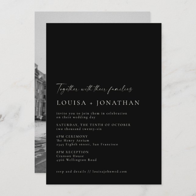 Minimalist Modern Chic Black Script Photo Wedding Invitation (Front/Back)