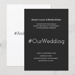 Minimalist Modern Chic Black White Hashtag Wedding Invitation