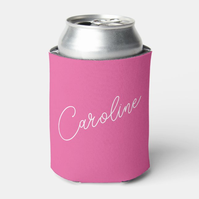 Minimalist Modern Chic Calligraphy Name Hot Pink Can Cooler (Can Front)