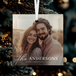 Minimalist Modern Couple Newlywed Photo Christmas Glass Tree Decoration