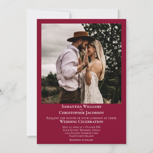 Minimalist Modern Cranberry Red Photo Wedding Invitation (Front)