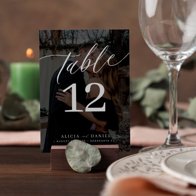 Minimalist modern custom photo black wedding table number (Creator Uploaded)