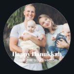Minimalist modern custom photo text Hanukkah Classic Round Sticker<br><div class="desc">Happy Hanukkah minimalist modern personalised Hanukkah photo stickers and labels.
Custom photo image or picture with fully customisable white text.


Photo credit freepik</div>