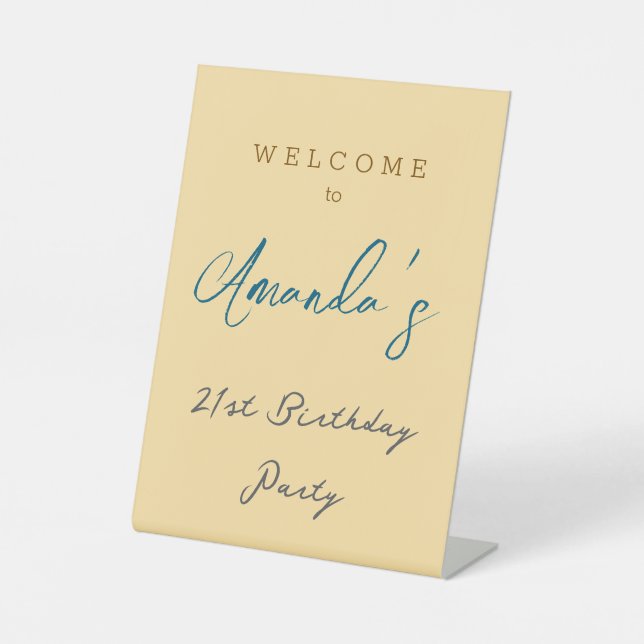 Minimalist Modern Cute Birthday Party Beige Pedestal Sign (Front)