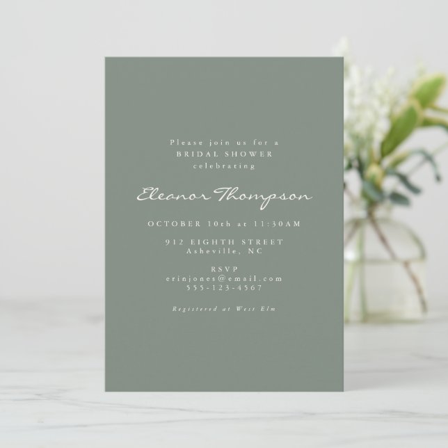Minimalist Modern Dark Sage Script Bridal Shower Invitation (Standing Front)
