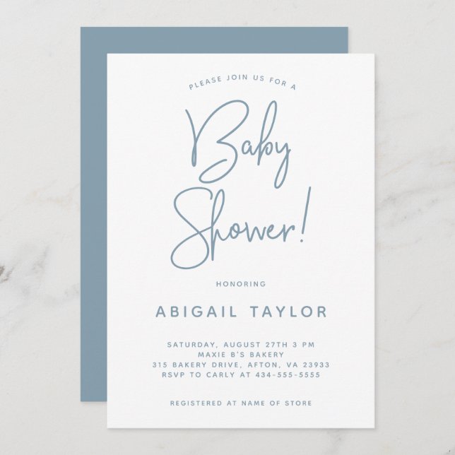 Minimalist Modern Dusty Blue Baby Shower Invitation (Front/Back)