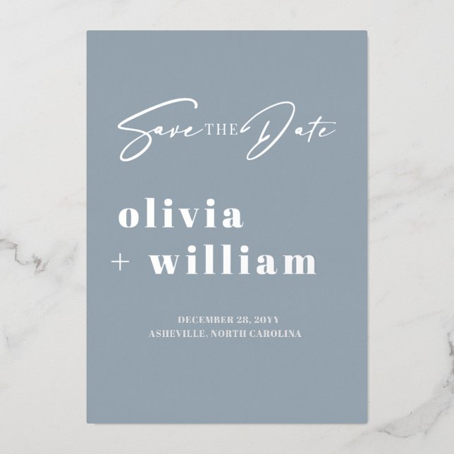 Minimalist Modern Dusty Blue Silver Save The Date (Front)