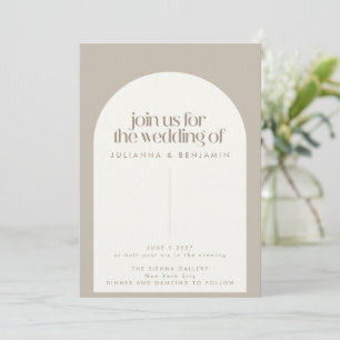 Minimalist Modern Elegant Arch Taupe Brown Wedding Invitation