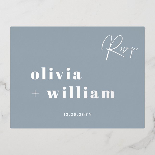 Minimalist Modern Elegant Dusty Blue Silver RSVP Foil Invitation Postcard (Front)