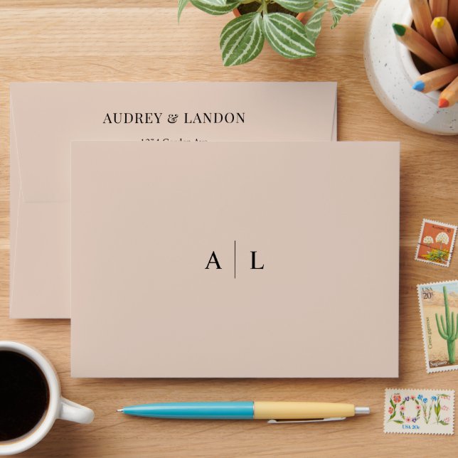 Minimalist Modern Elegant Monogram Beige Wedding Envelope (Desk)
