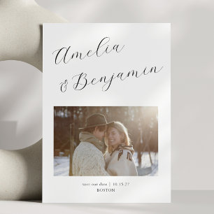 Minimalist Modern Elegant Script Calligraphy Photo Save The Date