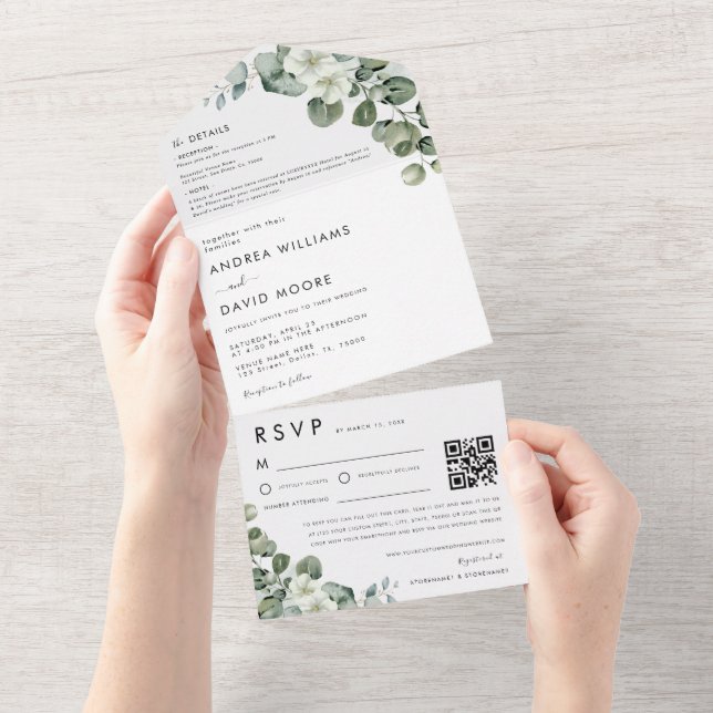 Minimalist Modern Eucalyptus RSVP QR Code Wedding All In One Invitation (Tearaway)
