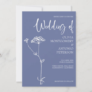 Minimalist Modern Floral Blue Wedding  Invitation