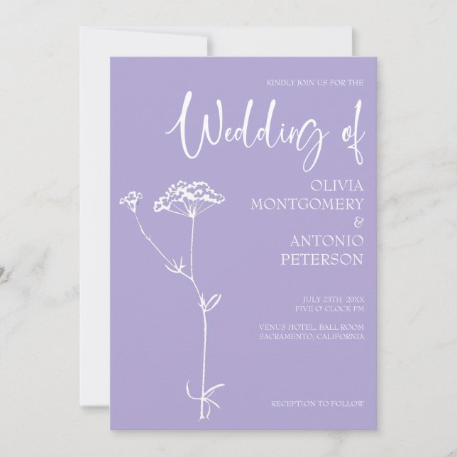 Minimalist Modern Floral Lavender Violet Wedding  Invitation (Front)