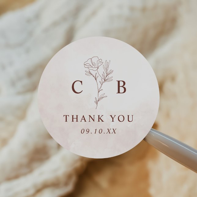 Minimalist Modern Floral Sketch Elegant Wedding Classic Round Sticker (Creator Uploaded)