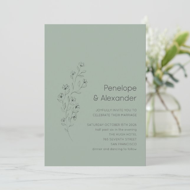 Minimalist Modern Floral Sketch Sage Green Wedding Invitation (Standing Front)