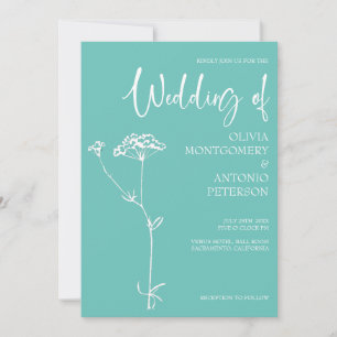 Minimalist Modern Floral Turquoise Wedding  Invitation