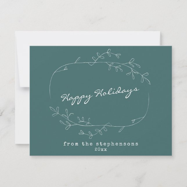 Minimalist Modern Floral Wreath Green Custom Holiday Card (Front)