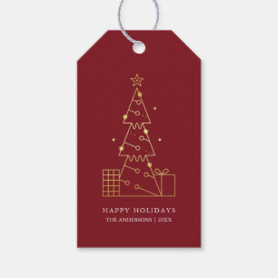 Minimalist Modern Gold Christmas Tree Red Gift Tags