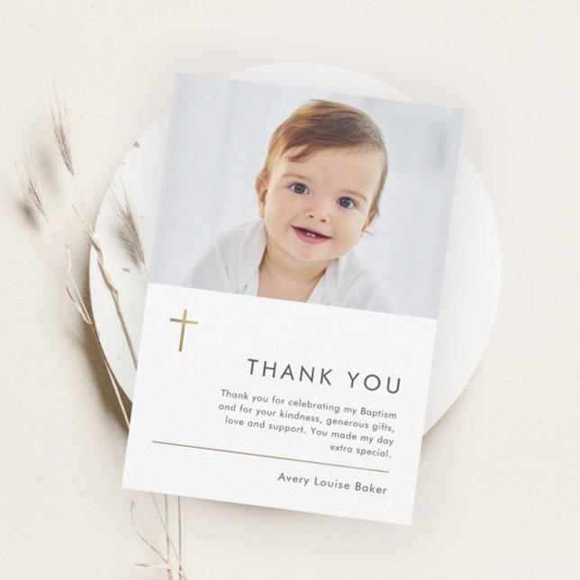 Minimalist Modern Gold Cross Photo Baptism Thank You Card (Creator Uploaded)